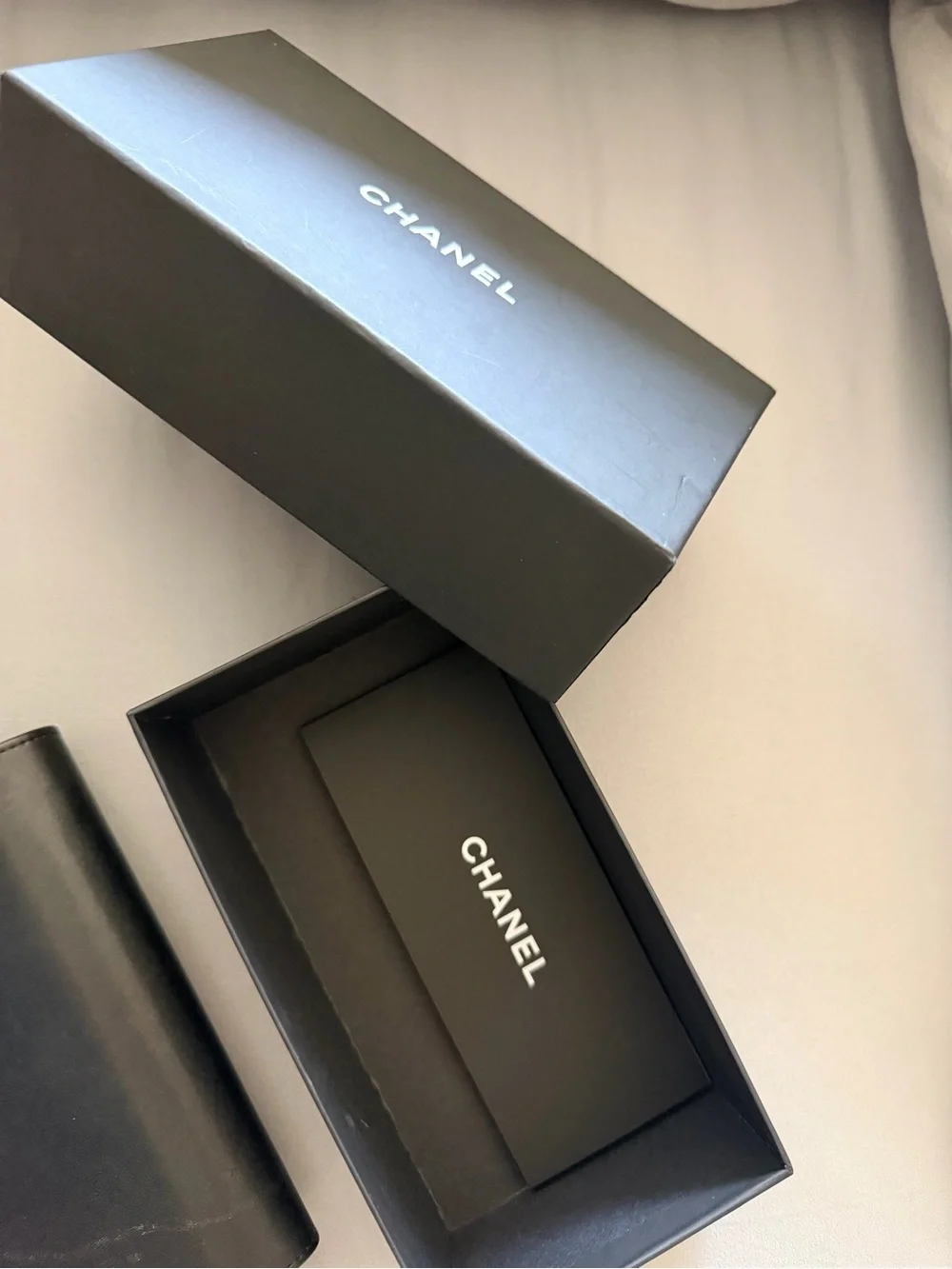 CHANEL calf skin sunglasses cash with Embossed Logo and a box